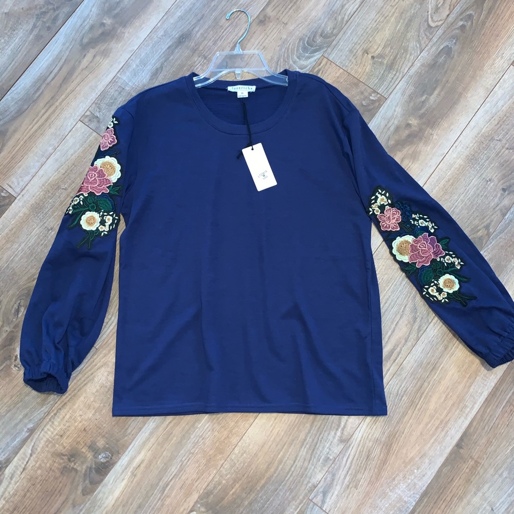 Navy Floral long sleeve Embroidered top